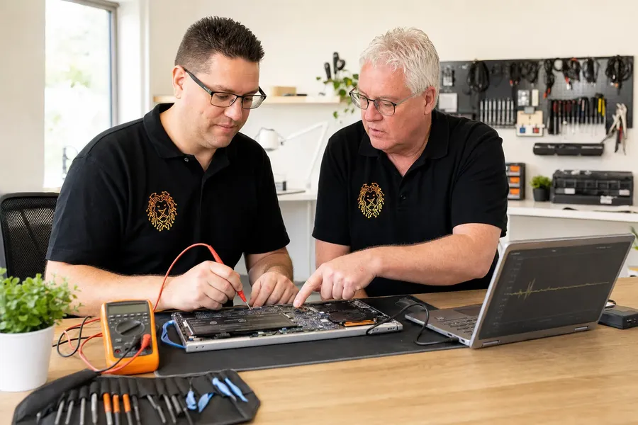 Twee monteurs meten met een multimeter aan een opengeschroefde laptop op de werkbank in Hoevelaken